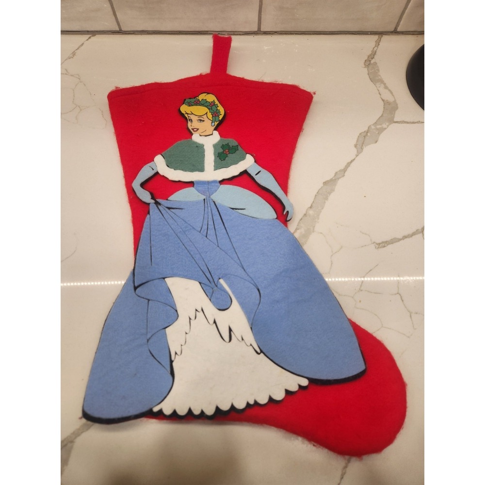 Disney 17" Felt Christmas Red Stocking‎ Cinderella Blue Dress in Holiday Holly